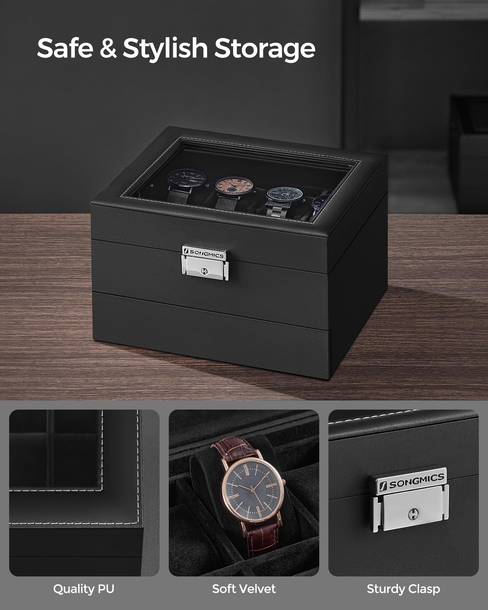 Foto 4 pulgar | Caja Para Relojes Songmics De 8 Ranuras Con Cierre, Tapa De Cristal Y Cajón - Venta Internacional.
