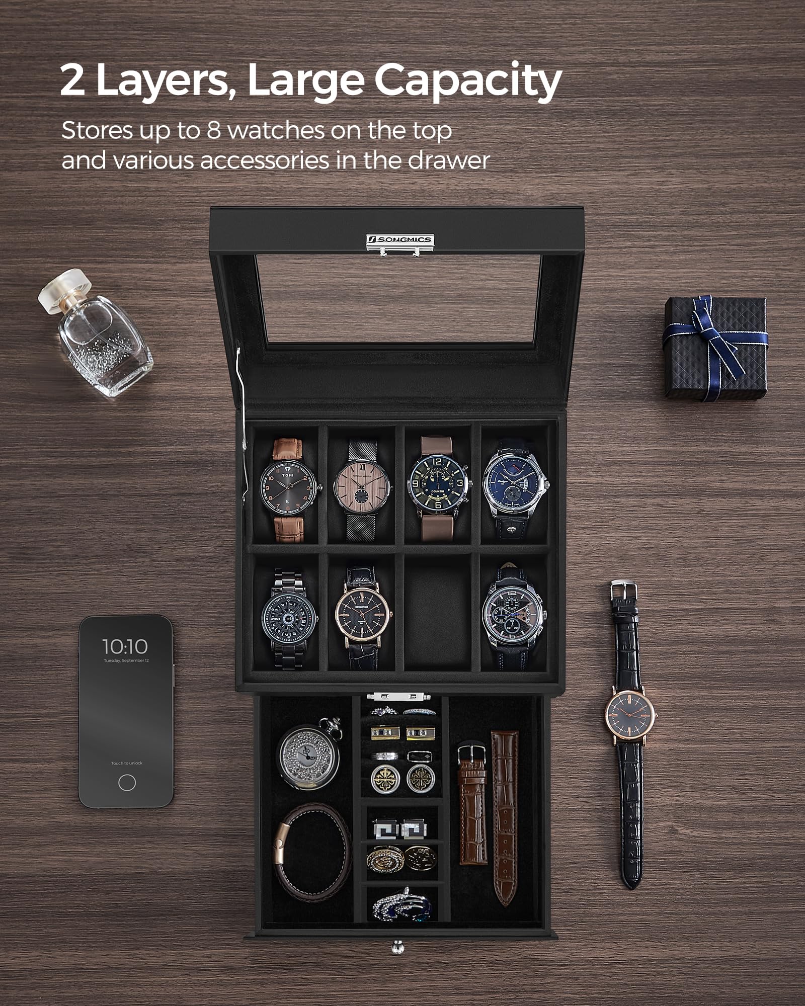 Foto 4 | Caja Para Relojes Songmics De 8 Ranuras Con Cierre, Tapa De Cristal Y Cajón - Venta Internacional.