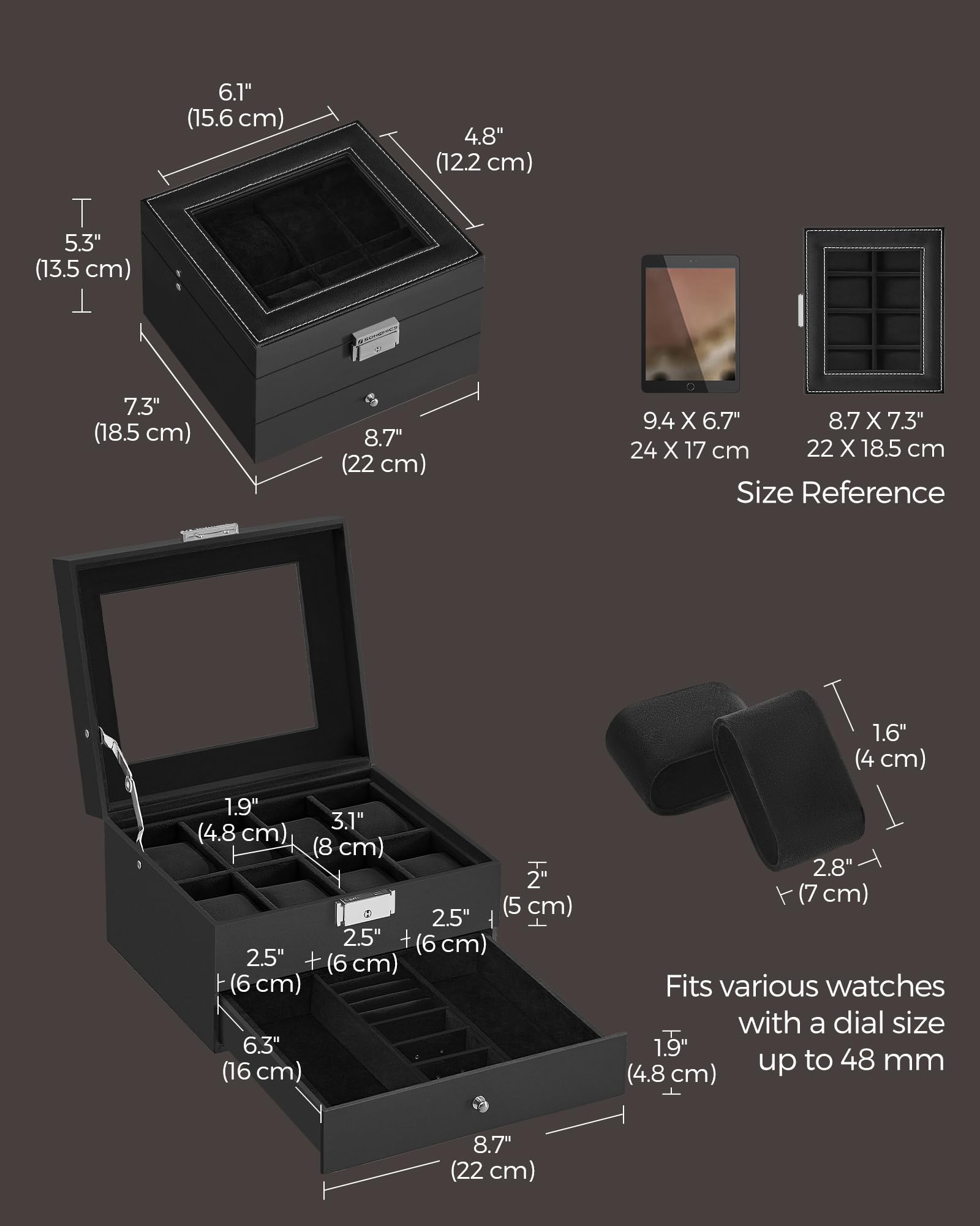 Foto 7 pulgar | Caja Para Relojes Songmics De 8 Ranuras Con Cierre, Tapa De Cristal Y Cajón - Venta Internacional.