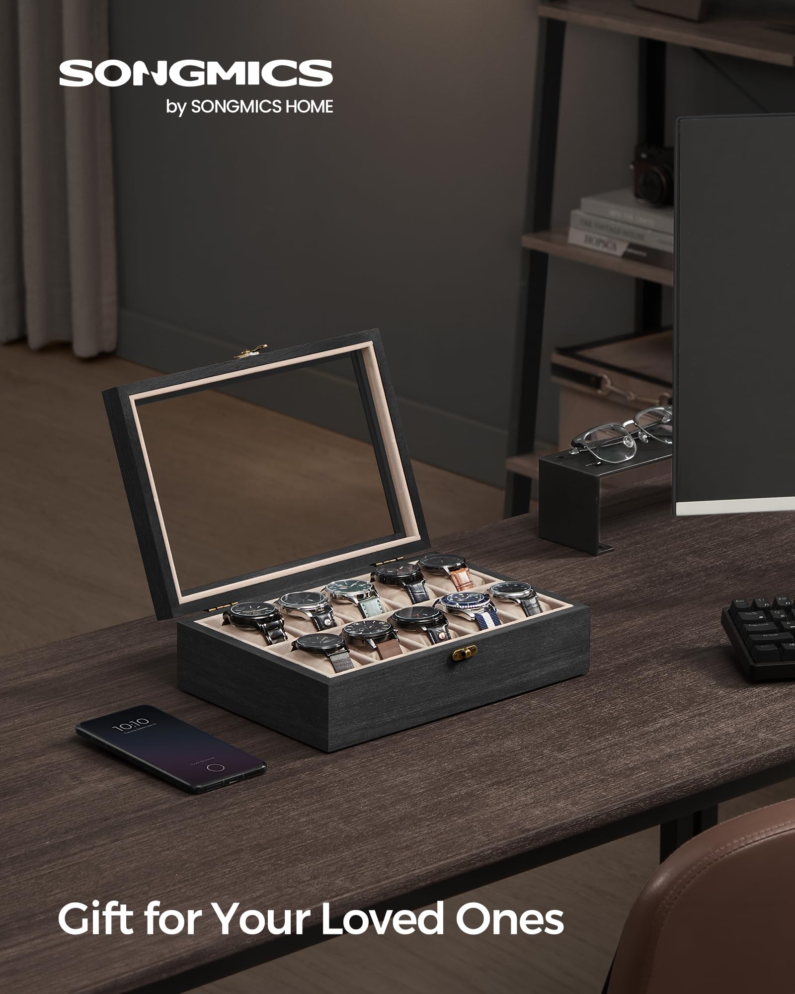 Foto 2 | Caja De Relojes Songmics De 10 Ranuras De Madera Maciza Negra Ébano Ujow100b01 - Venta Internacional.