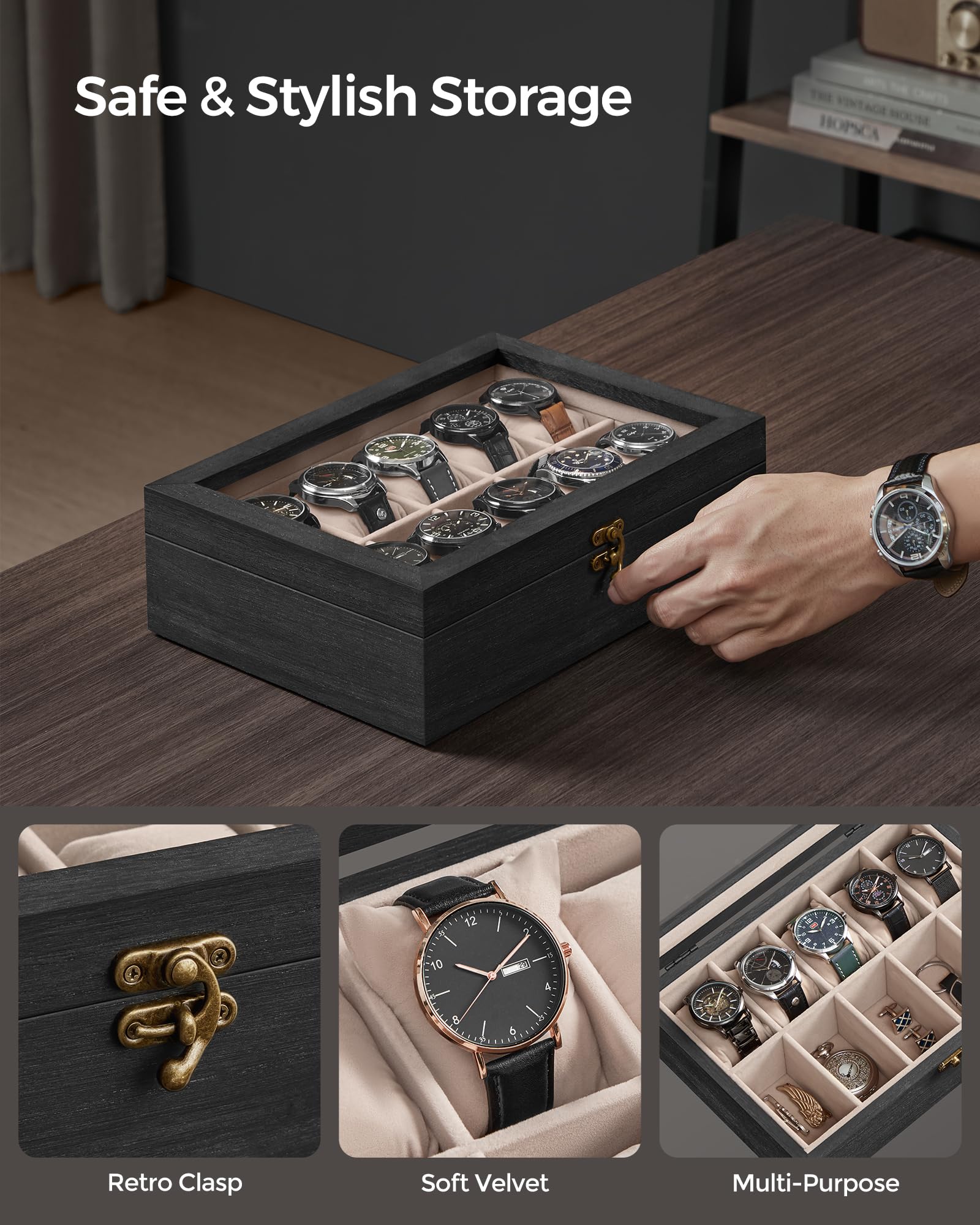 Foto 4 pulgar | Caja De Relojes Songmics De 10 Ranuras De Madera Maciza Negra Ébano Ujow100b01 - Venta Internacional.