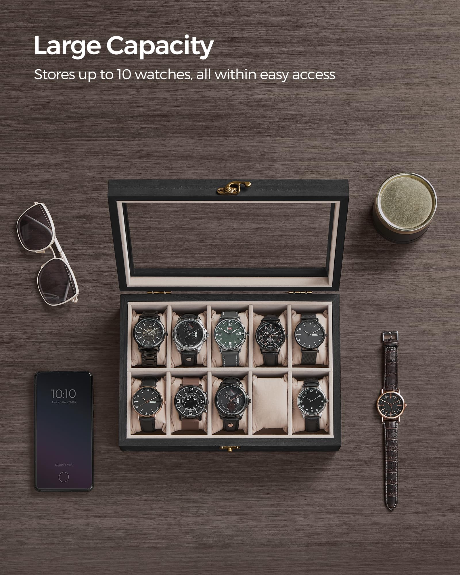Foto 4 | Caja De Relojes Songmics De 10 Ranuras De Madera Maciza Negra Ébano Ujow100b01 - Venta Internacional.