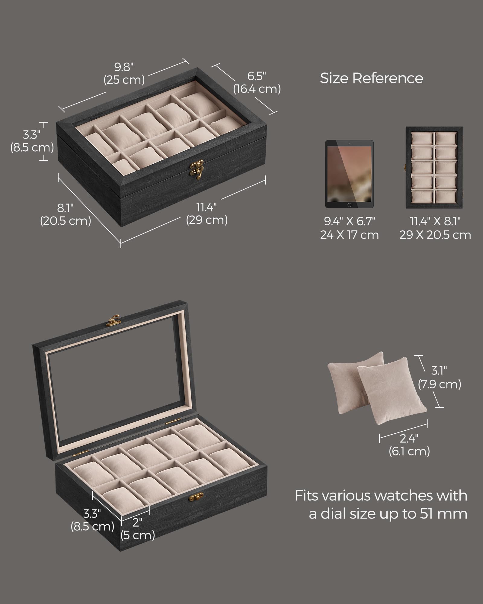Foto 6 pulgar | Caja De Relojes Songmics De 10 Ranuras De Madera Maciza Negra Ébano Ujow100b01 - Venta Internacional.