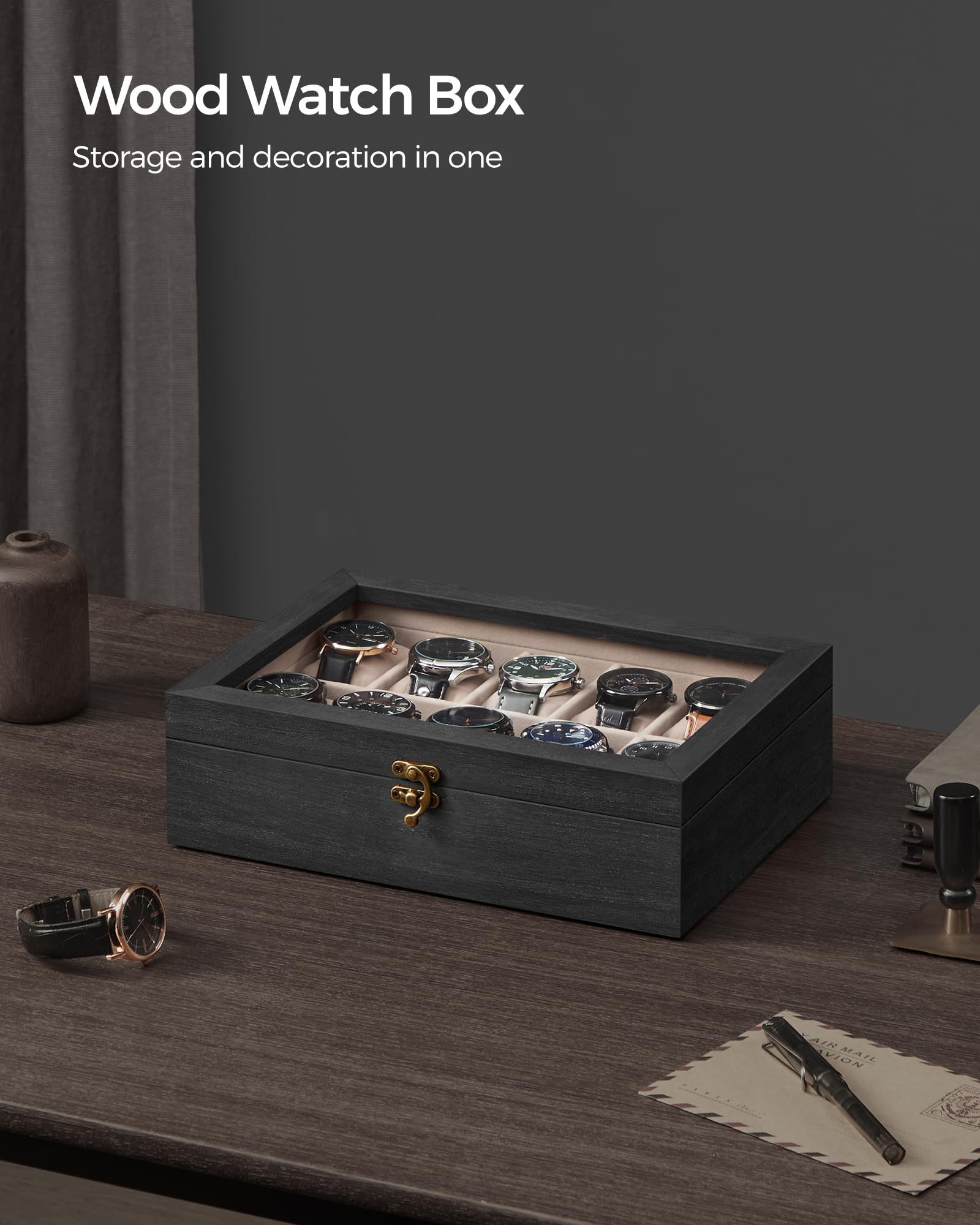 Foto 7 | Caja De Relojes Songmics De 10 Ranuras De Madera Maciza Negra Ébano Ujow100b01 - Venta Internacional.