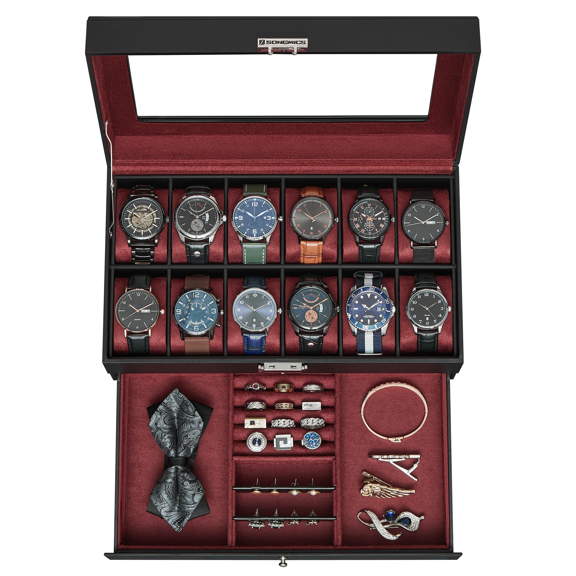 Caja De Relojes Songmics De 2 Niveles Para 12 Relojes Con Candado, Color Negro