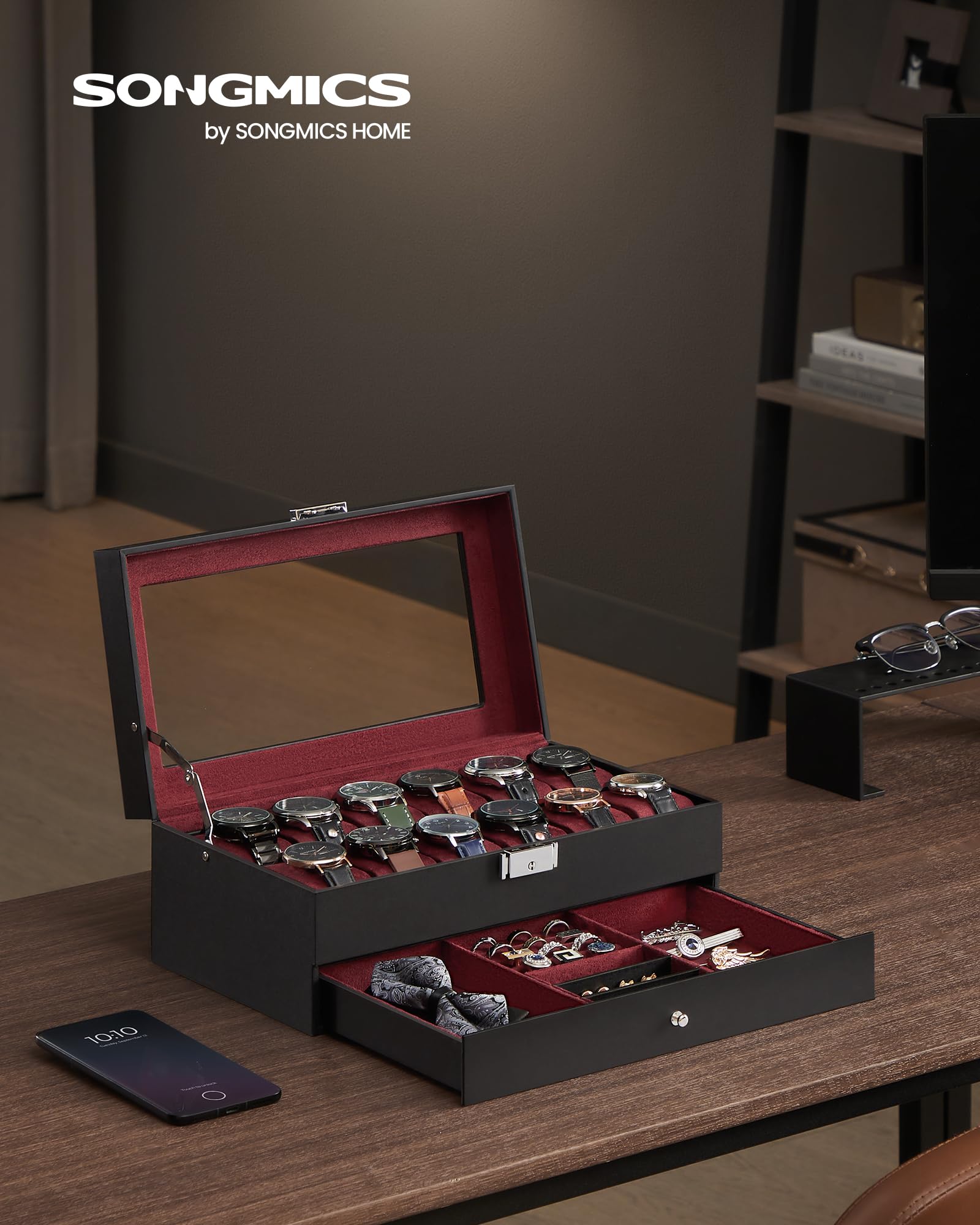 Foto 2 | Caja De Relojes Songmics De 2 Niveles Para 12 Relojes Con Candado, Color Negro