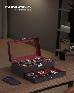 Foto 2 | Caja De Relojes Songmics De 2 Niveles Para 12 Relojes Con Candado, Color Negro
