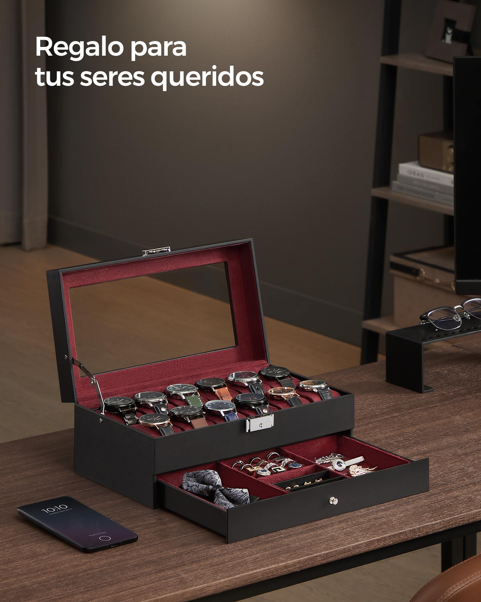 Foto 4 pulgar | Caja De Relojes Songmics De 2 Niveles Para 12 Relojes Con Candado, Color Negro