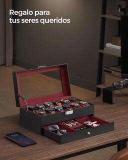 Foto 3 | Caja De Relojes Songmics De 2 Niveles Para 12 Relojes Con Candado, Color Negro