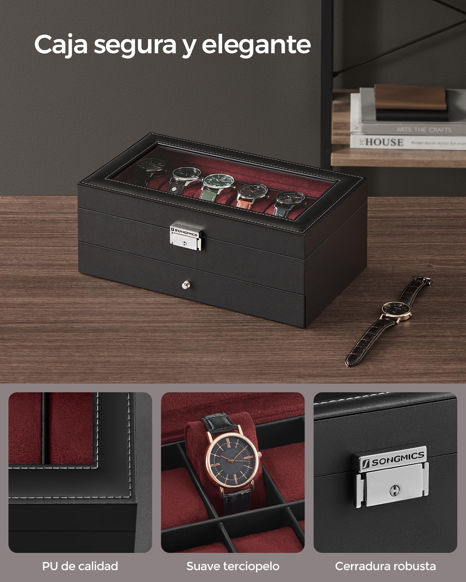 Foto 5 pulgar | Caja De Relojes Songmics De 2 Niveles Para 12 Relojes Con Candado, Color Negro