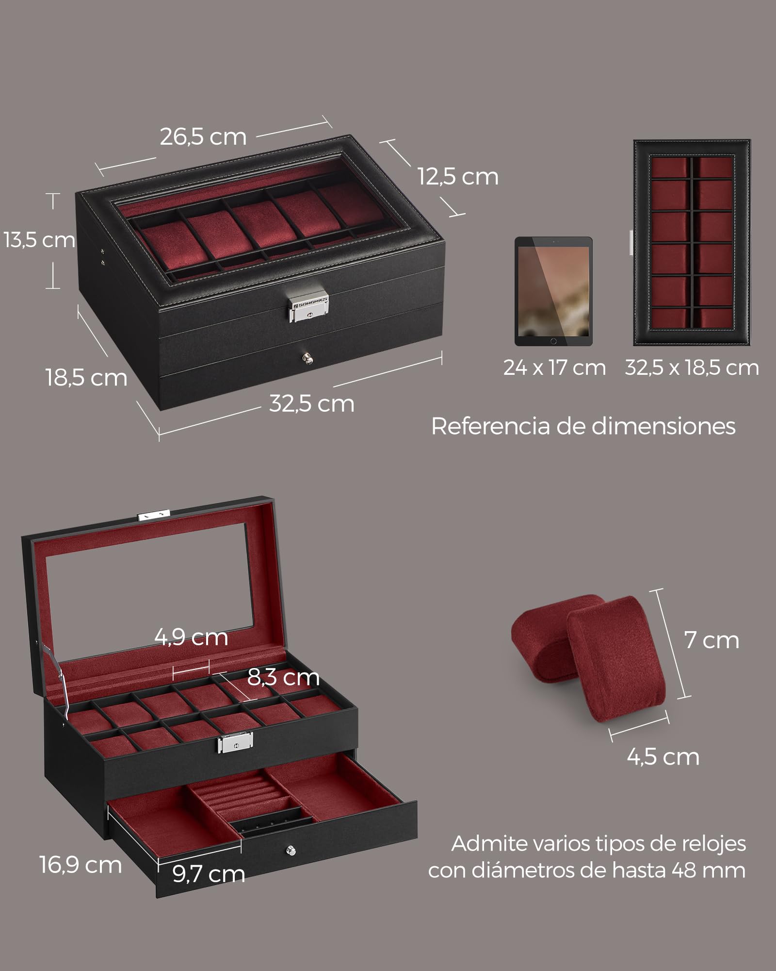 Foto 5 | Caja De Relojes Songmics De 2 Niveles Para 12 Relojes Con Candado, Color Negro