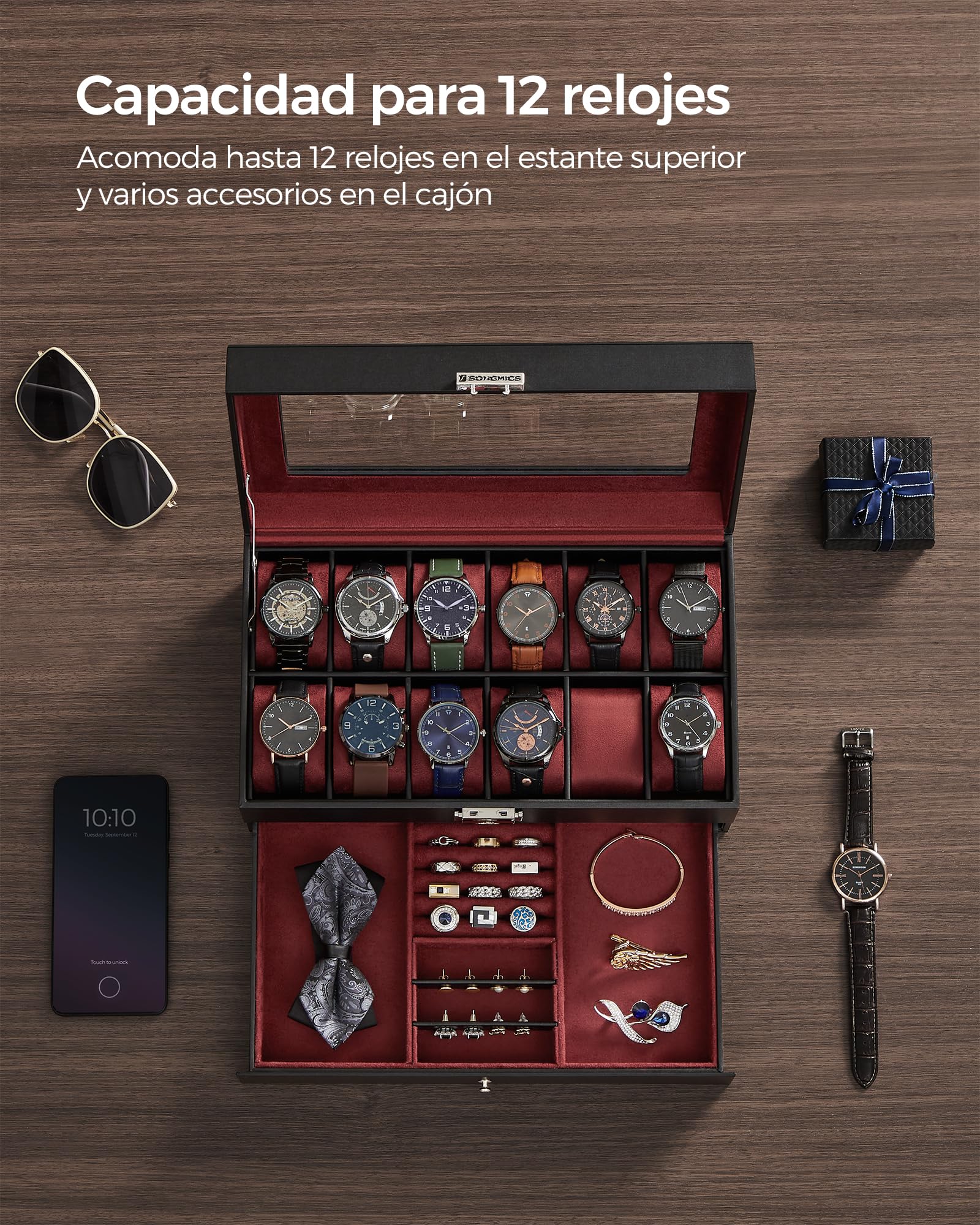 Foto 7 pulgar | Caja De Relojes Songmics De 2 Niveles Para 12 Relojes Con Candado, Color Negro