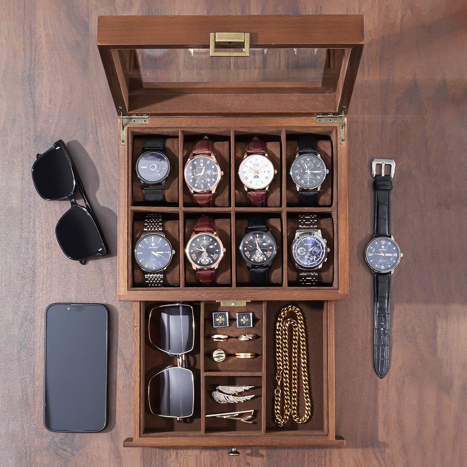 Foto 3 pulgar | Funda De Reloj Procase De Madera Con 8 Ranuras Y Cajón Para Hombre Y Mujer - Venta Internacional.