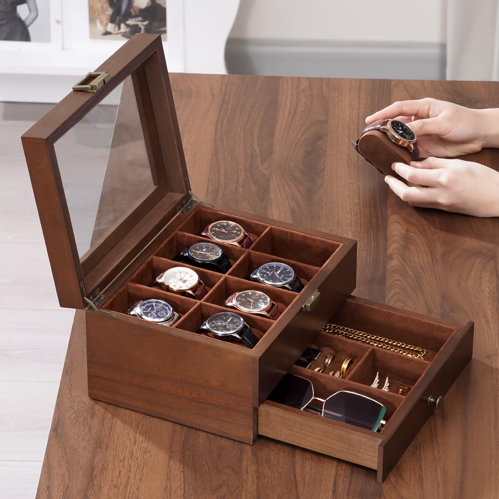 Foto 5 pulgar | Funda De Reloj Procase De Madera Con 8 Ranuras Y Cajón Para Hombre Y Mujer - Venta Internacional.