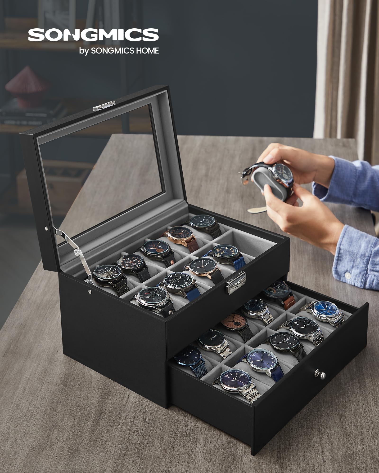 Foto 3 pulgar | Caja De Reloj Songmics De 20 Ranuras Con Tapa De Cristal Con Cierre Negra Ujwb006 - Venta Internacional.