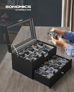 Foto 2 | Caja De Reloj Songmics De 20 Ranuras Con Tapa De Cristal Con Cierre Negra Ujwb006 - Venta Internacional.