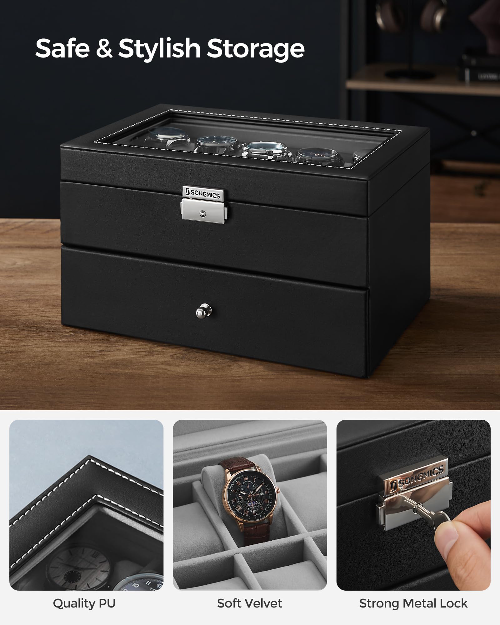 Foto 5 pulgar | Caja De Reloj Songmics De 20 Ranuras Con Tapa De Cristal Con Cierre Negra Ujwb006 - Venta Internacional.