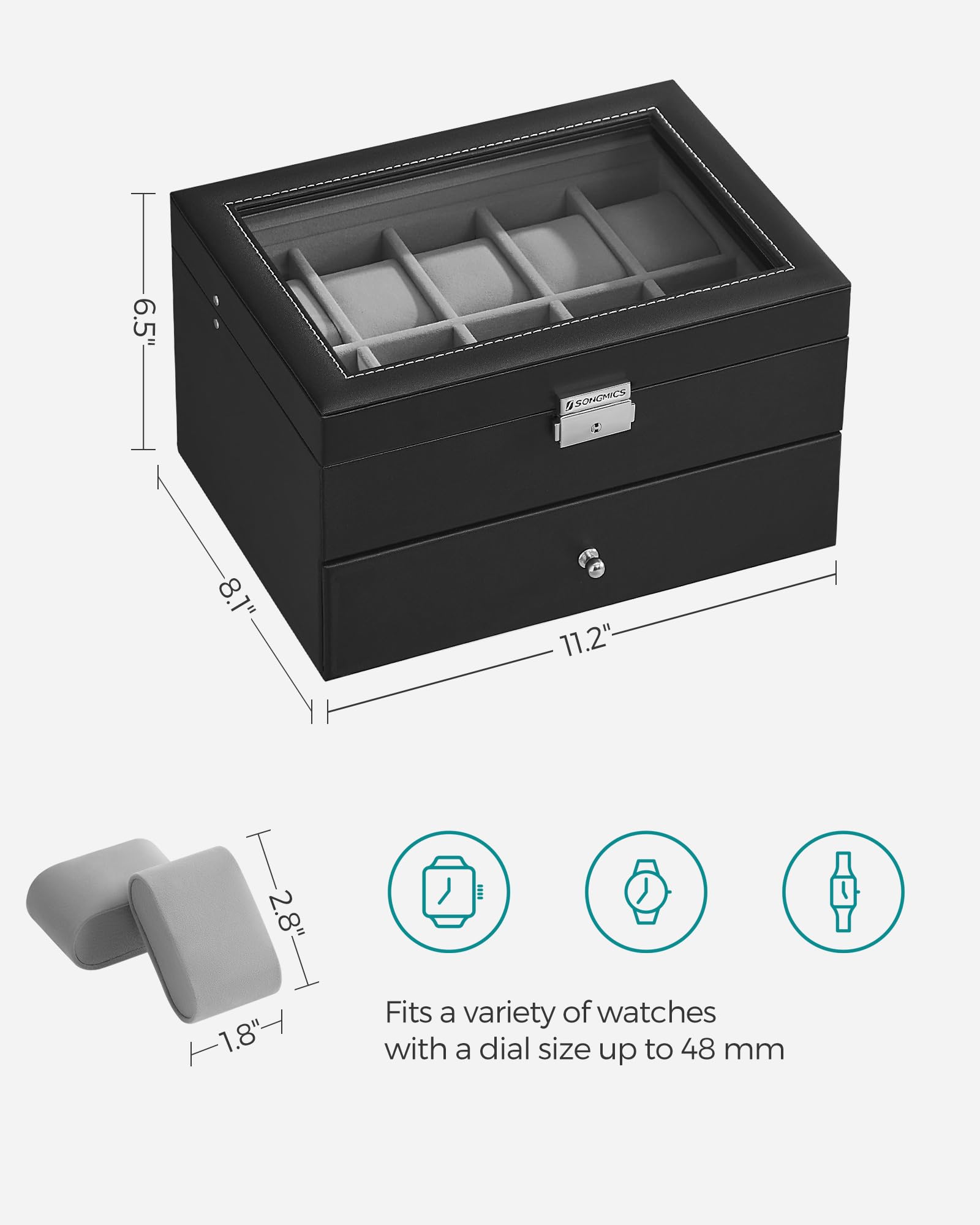 Foto 7 pulgar | Caja De Reloj Songmics De 20 Ranuras Con Tapa De Cristal Con Cierre Negra Ujwb006 - Venta Internacional.