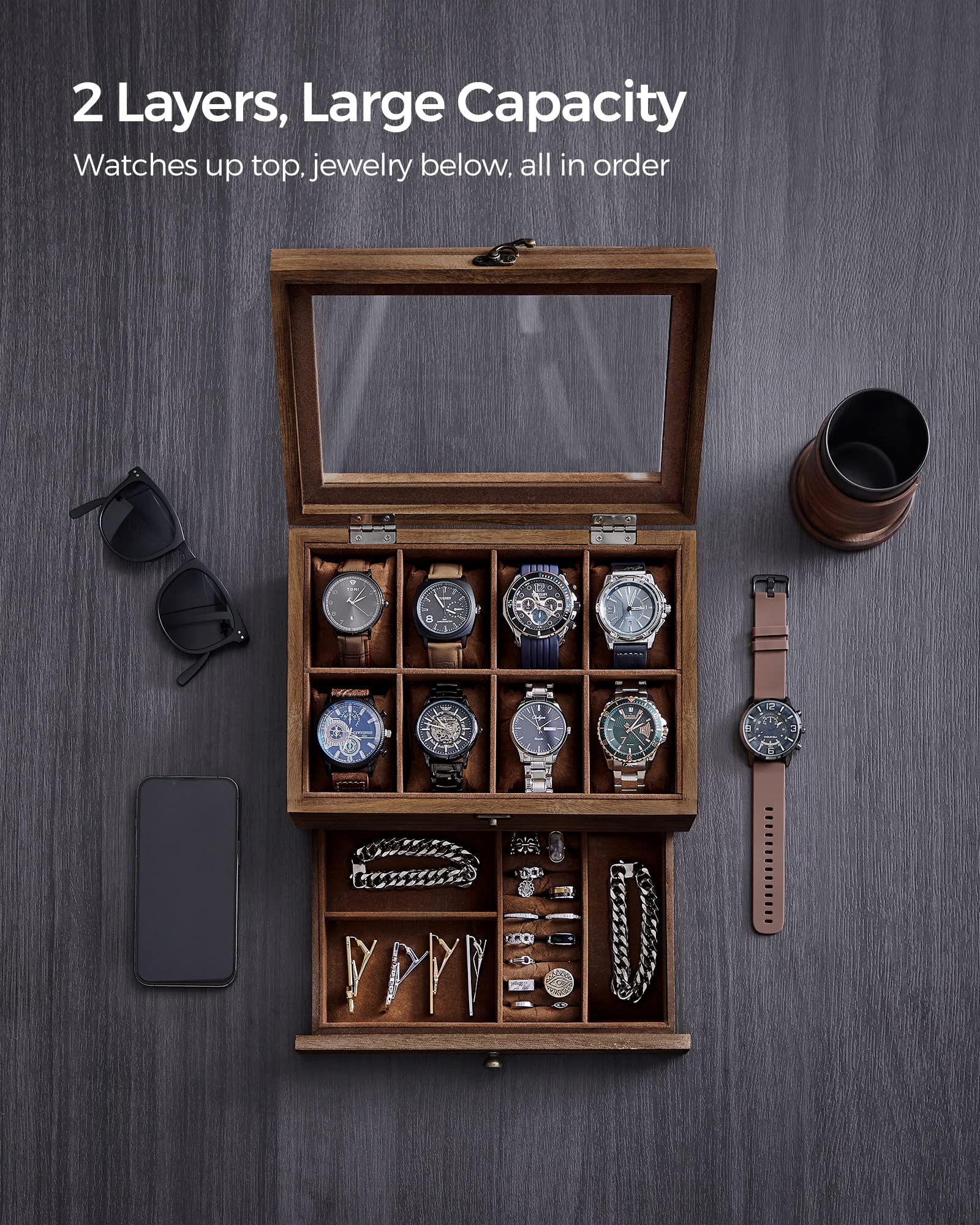 Foto 4 pulgar | Caja De Relojes Songmics De 8 Ranuras Y 2 Niveles Con Tapa De Vidrio De Nogal Rústico - Venta Internacional.