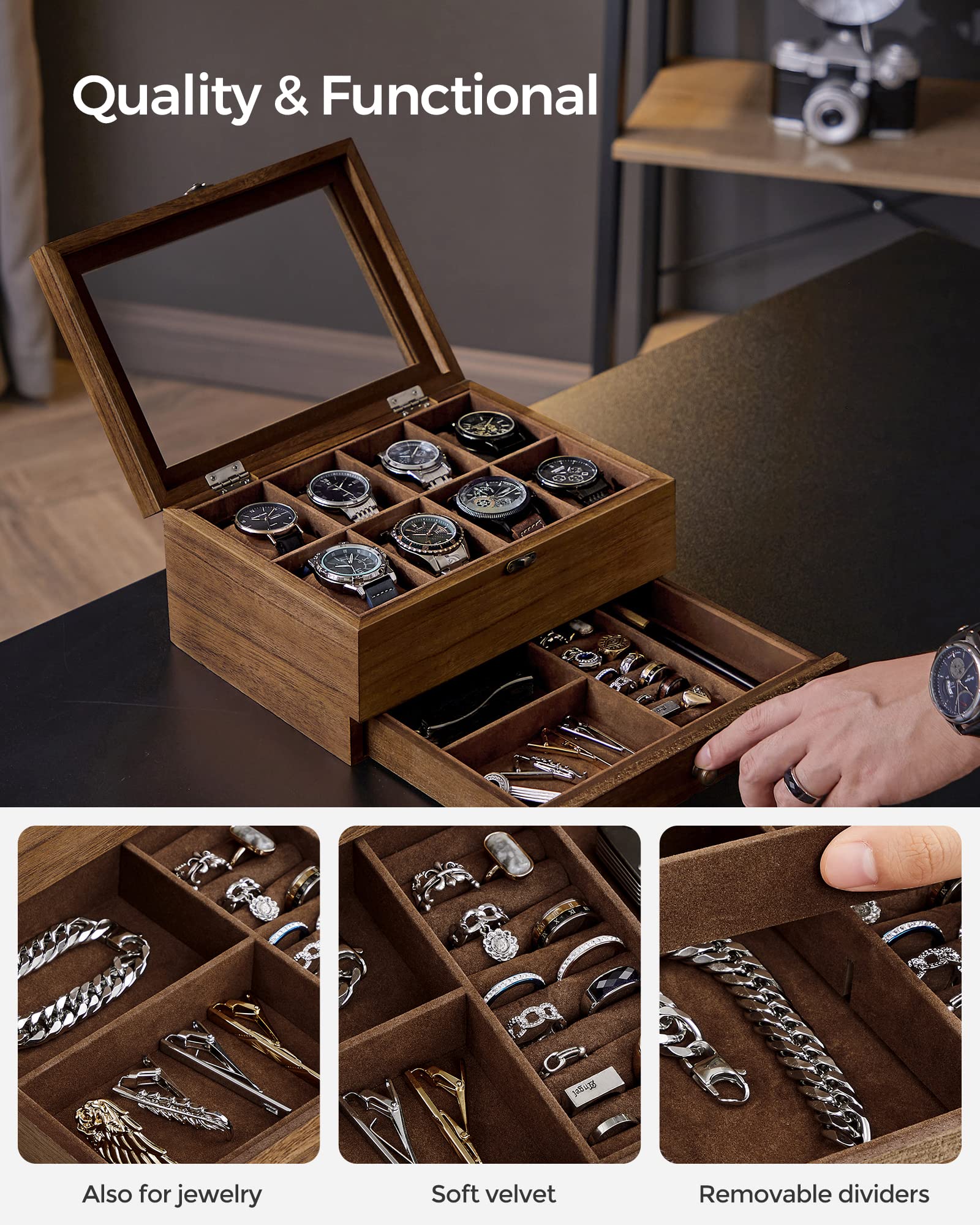 Foto 4 | Caja De Relojes Songmics De 8 Ranuras Y 2 Niveles Con Tapa De Vidrio De Nogal Rústico - Venta Internacional.