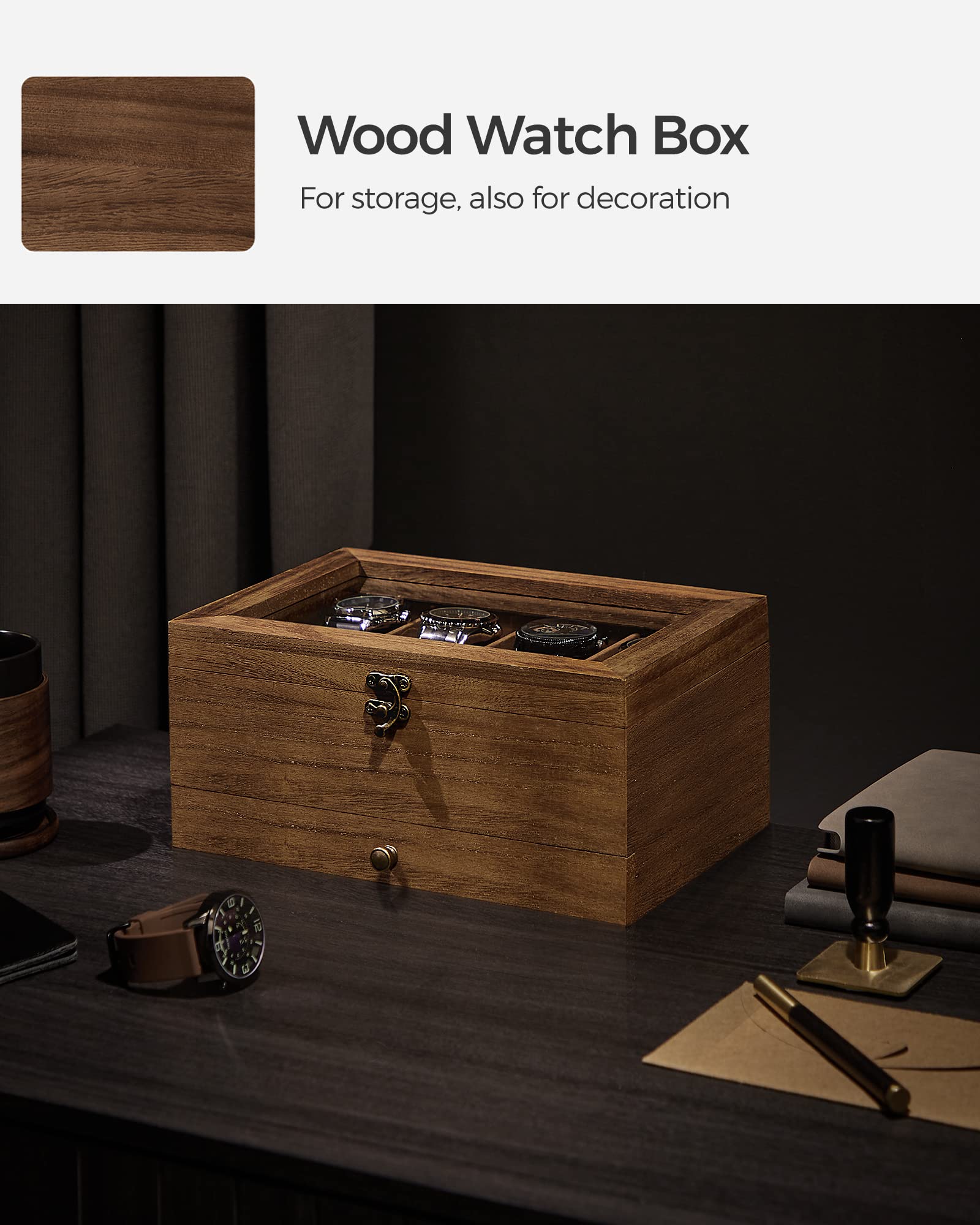 Foto 5 | Caja De Relojes Songmics De 8 Ranuras Y 2 Niveles Con Tapa De Vidrio De Nogal Rústico - Venta Internacional.