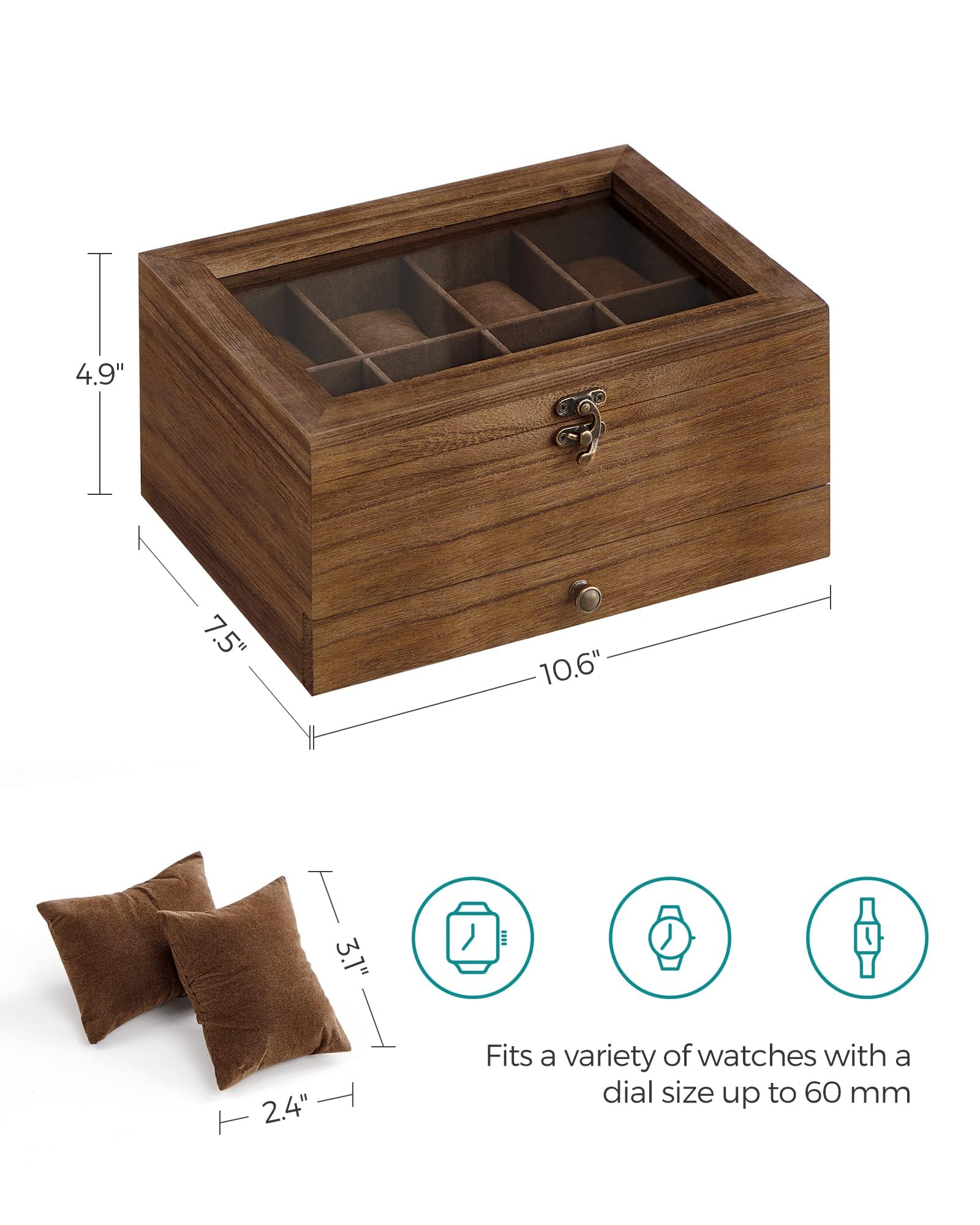 Foto 6 | Caja De Relojes Songmics De 8 Ranuras Y 2 Niveles Con Tapa De Vidrio De Nogal Rústico - Venta Internacional.