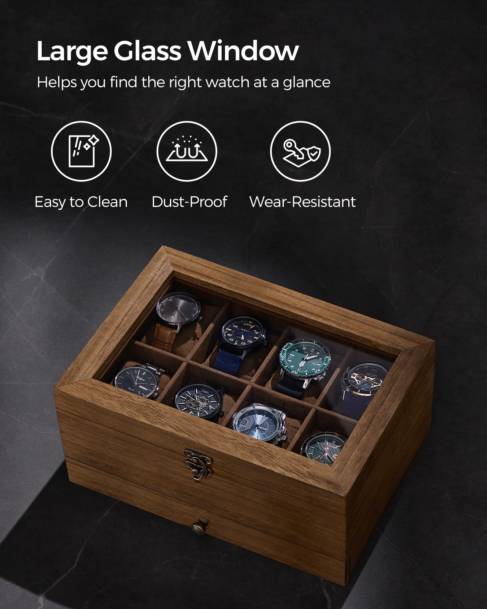 Foto 7 | Caja De Relojes Songmics De 8 Ranuras Y 2 Niveles Con Tapa De Vidrio De Nogal Rústico - Venta Internacional.
