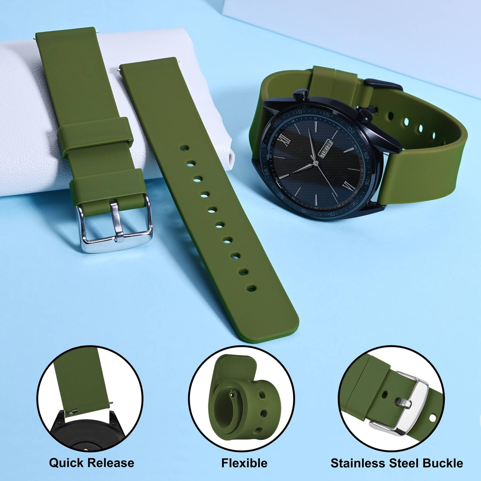 Foto 4 pulgar | Correa de Reloj Wocci de Silicona Verde Militar 20 mm con Hebilla Plateada - Venta Internacional