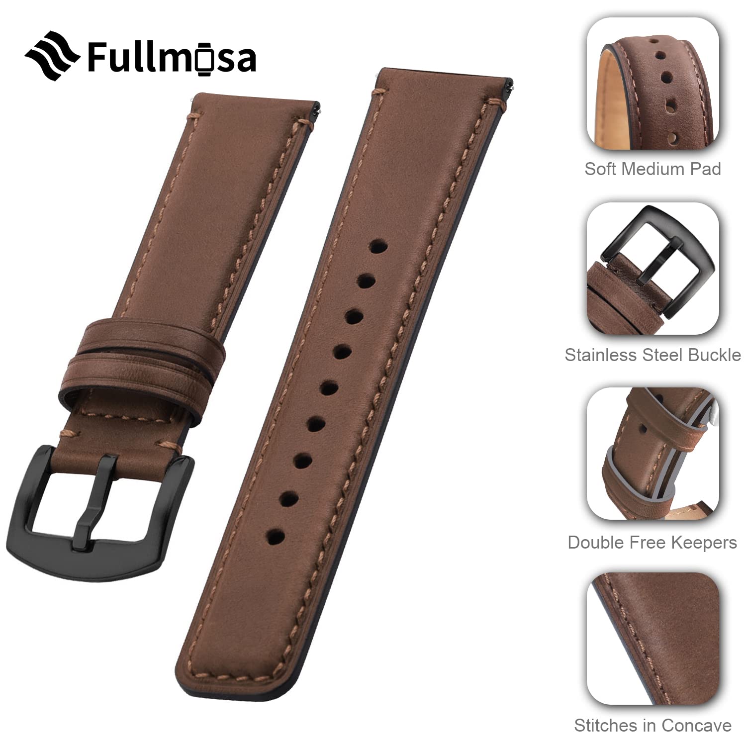 Foto 8 pulgar | Correa de Reloj Fullmosa Marrón Oscuro de Cuero Bruñido 18 mm - Venta Internacional