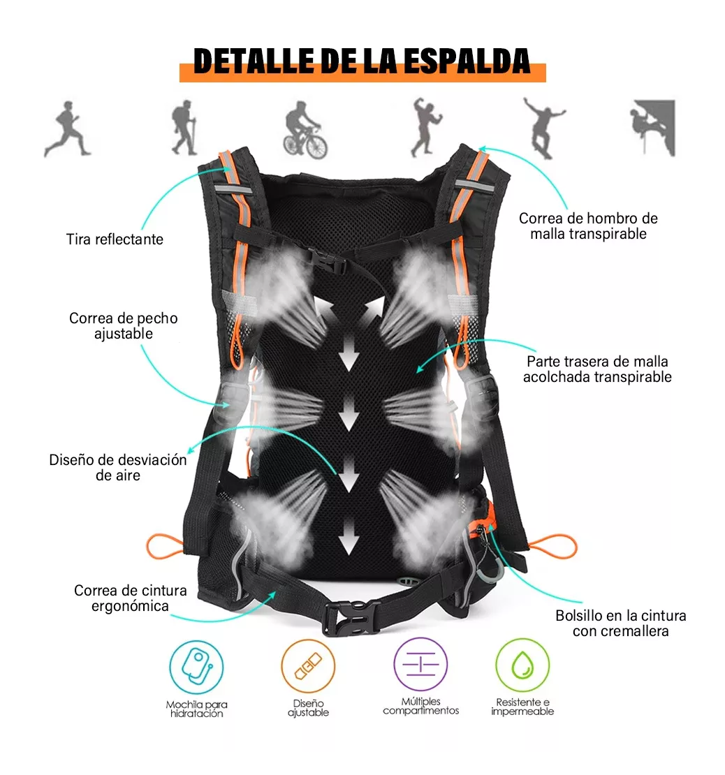 Foto 6 pulgar | Mochila Hidratación Ciclismo Campismo Hiking + Bolsa de Agua 2l Naranja/negro