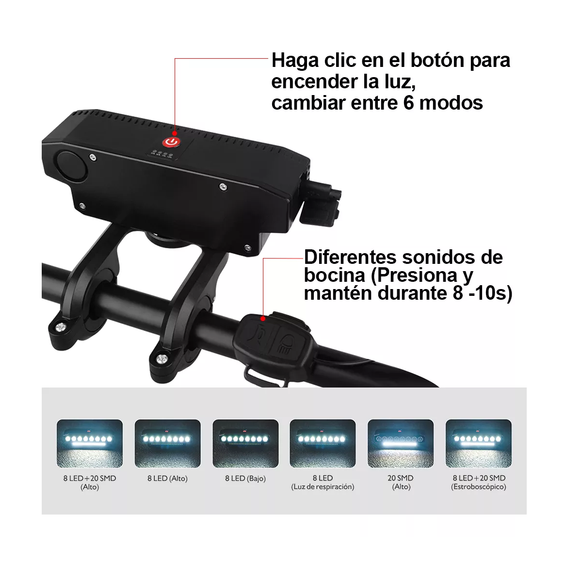 Foto 4 pulgar | Luz Para Bicicleta 6000 Lúmenes Impermeable 8 Led Recargable Eo Safe Imports Esi-15806 Negro