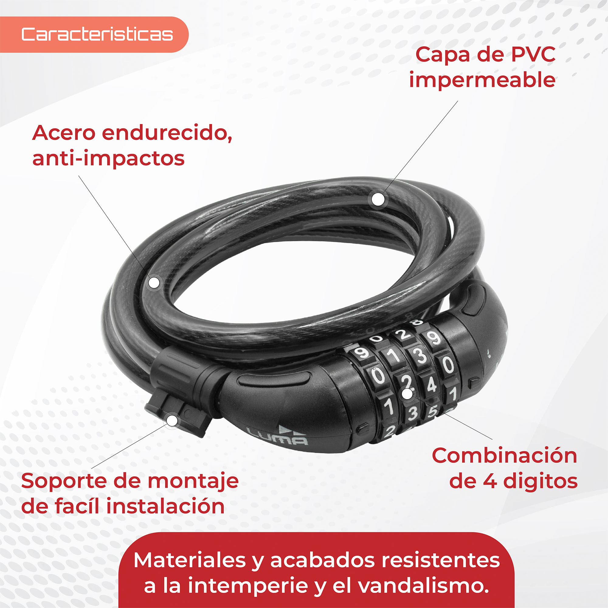 Foto 4 pulgar | Candado para Bicicleta Luma Match Cable 150 cm 4 Dígitos con Soporte