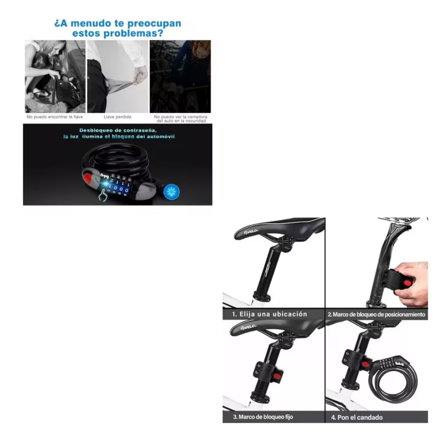 Foto 4 pulgar | Candado De Cable Candado Cadena Seguridad Para Bici O Moto Belug Negro