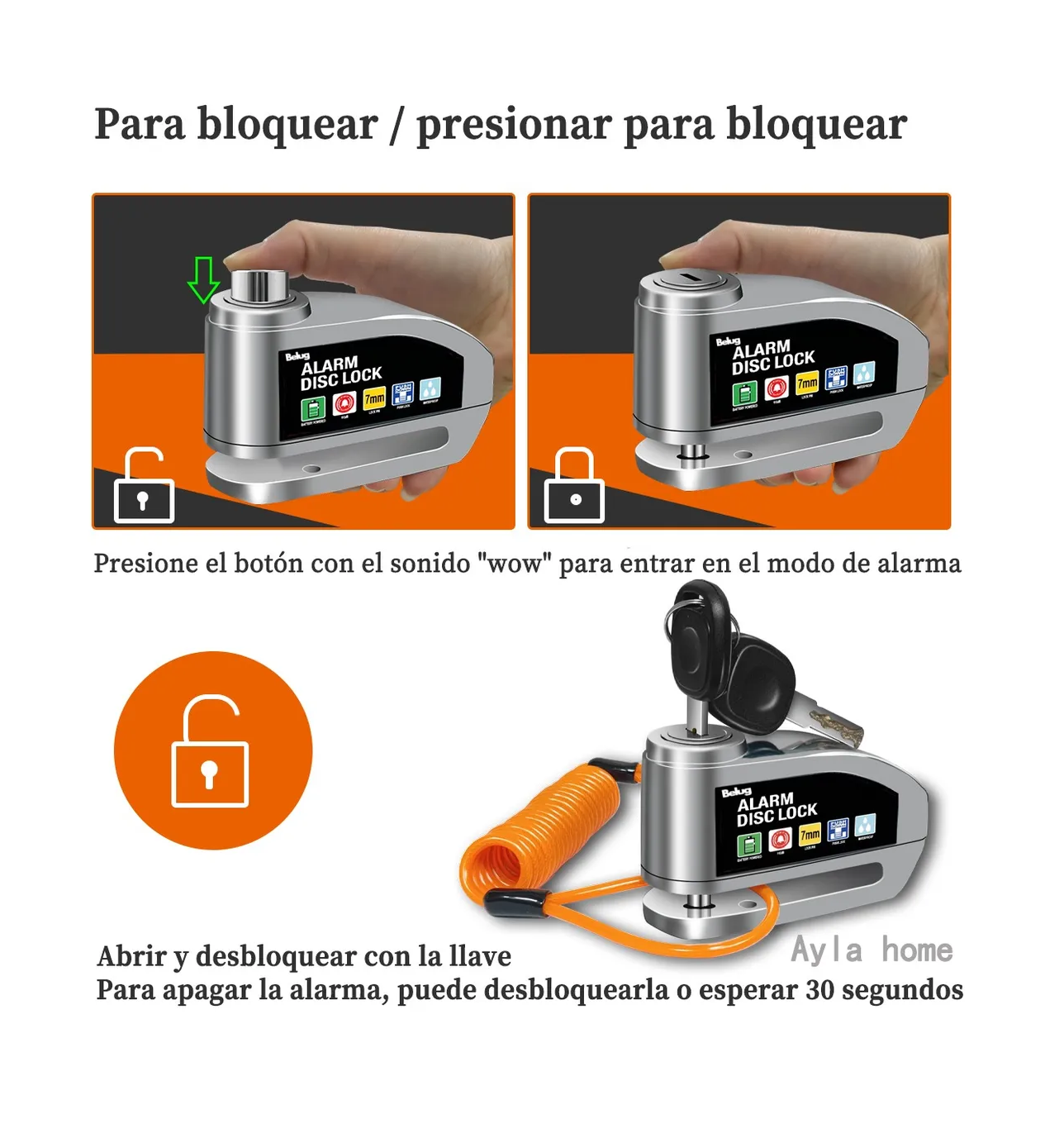 Foto 4 | Candado De Disco Home Para Moto Con Alarma 120db Gris Naranja