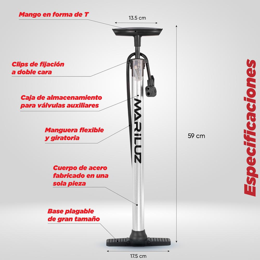 Foto 3 | Bomba de Aire para Bicicleta Mariluz Válvula Francesa y Americana Plata