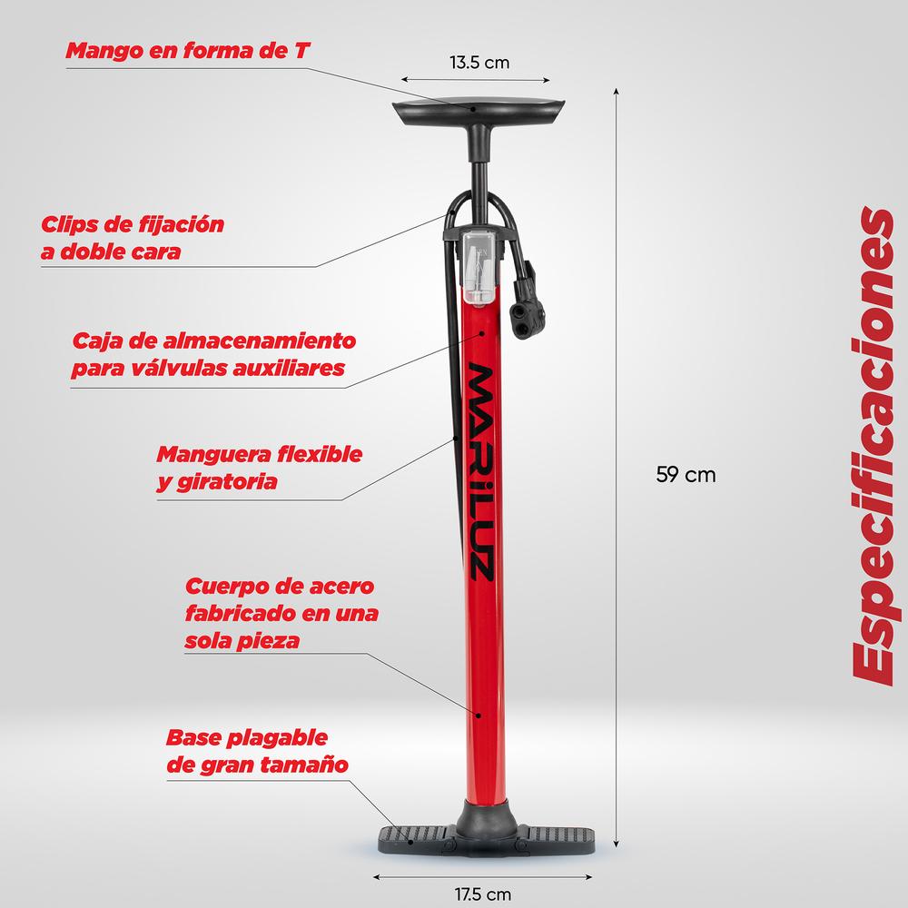 Foto 4 pulgar | Bomba de Pie para Bicicleta Mariluz Válvula Francesa y Americana Roja