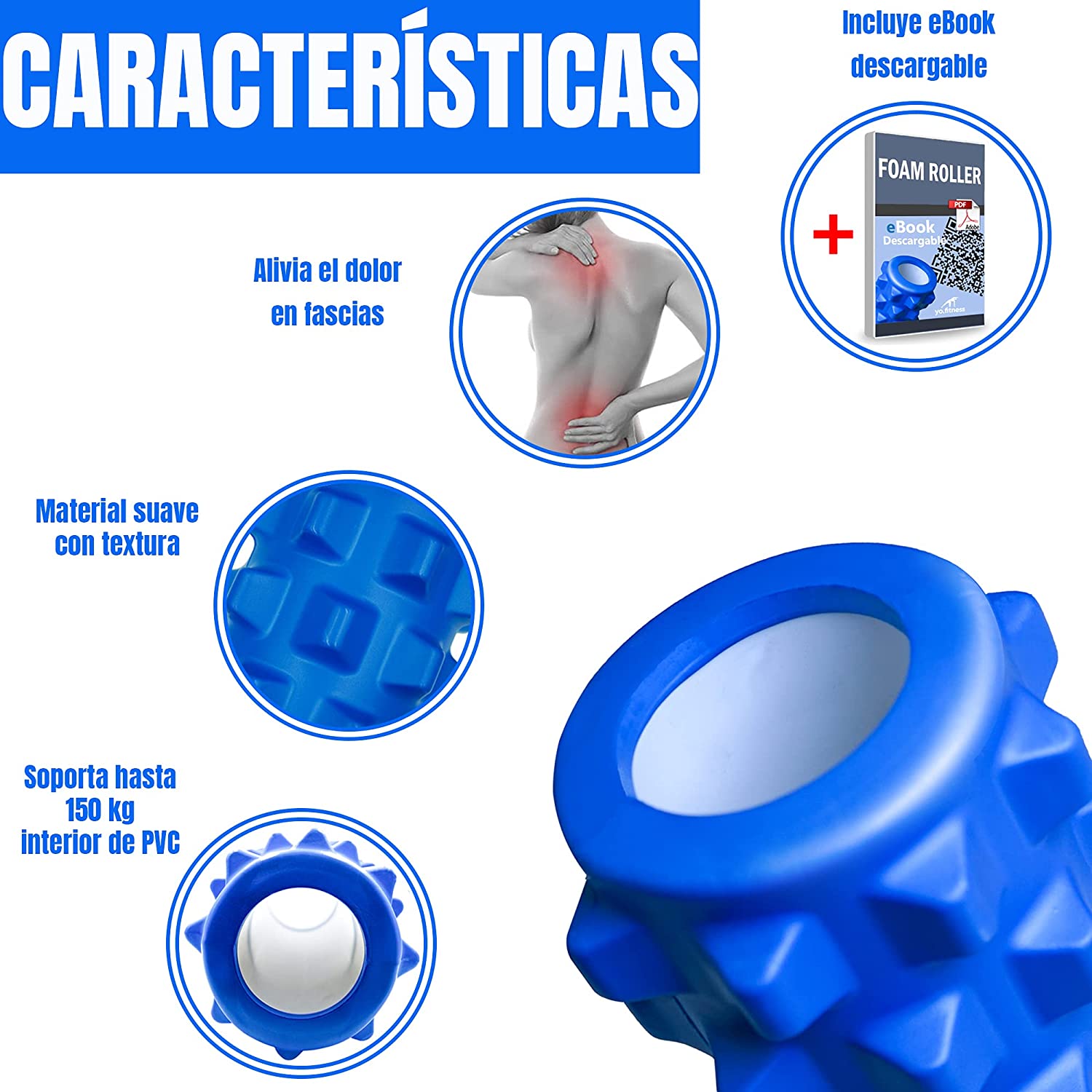 Foto 5 pulgar | Rodillo de Espuma Eva Foar Roller Gim Azul para Masaje Yoga Contracturas Elasticidad 33 X 14 CM