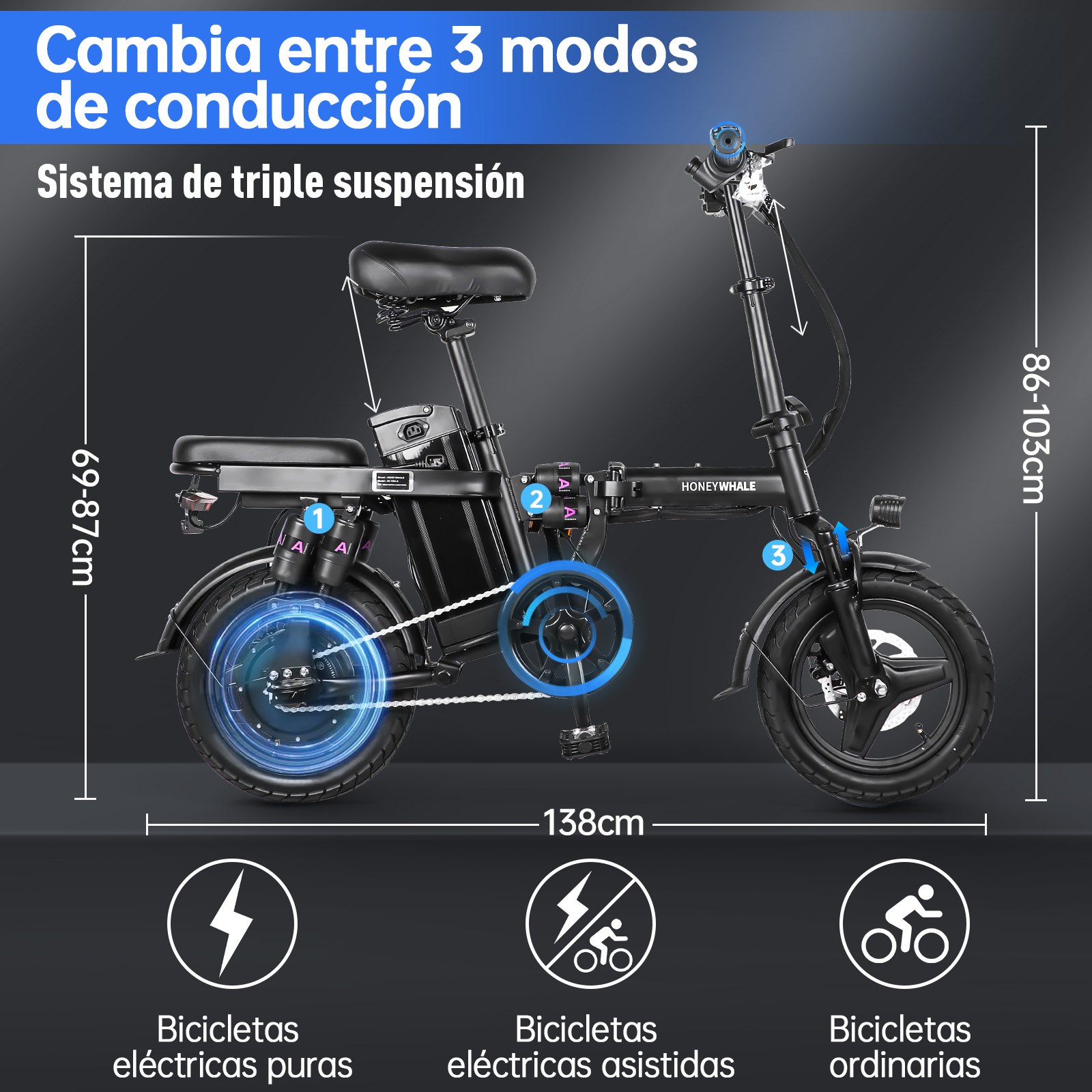 Foto 4 pulgar | Bicicleta Genérico Eléctrica Plegable Honey Whale S6 Pro Negro