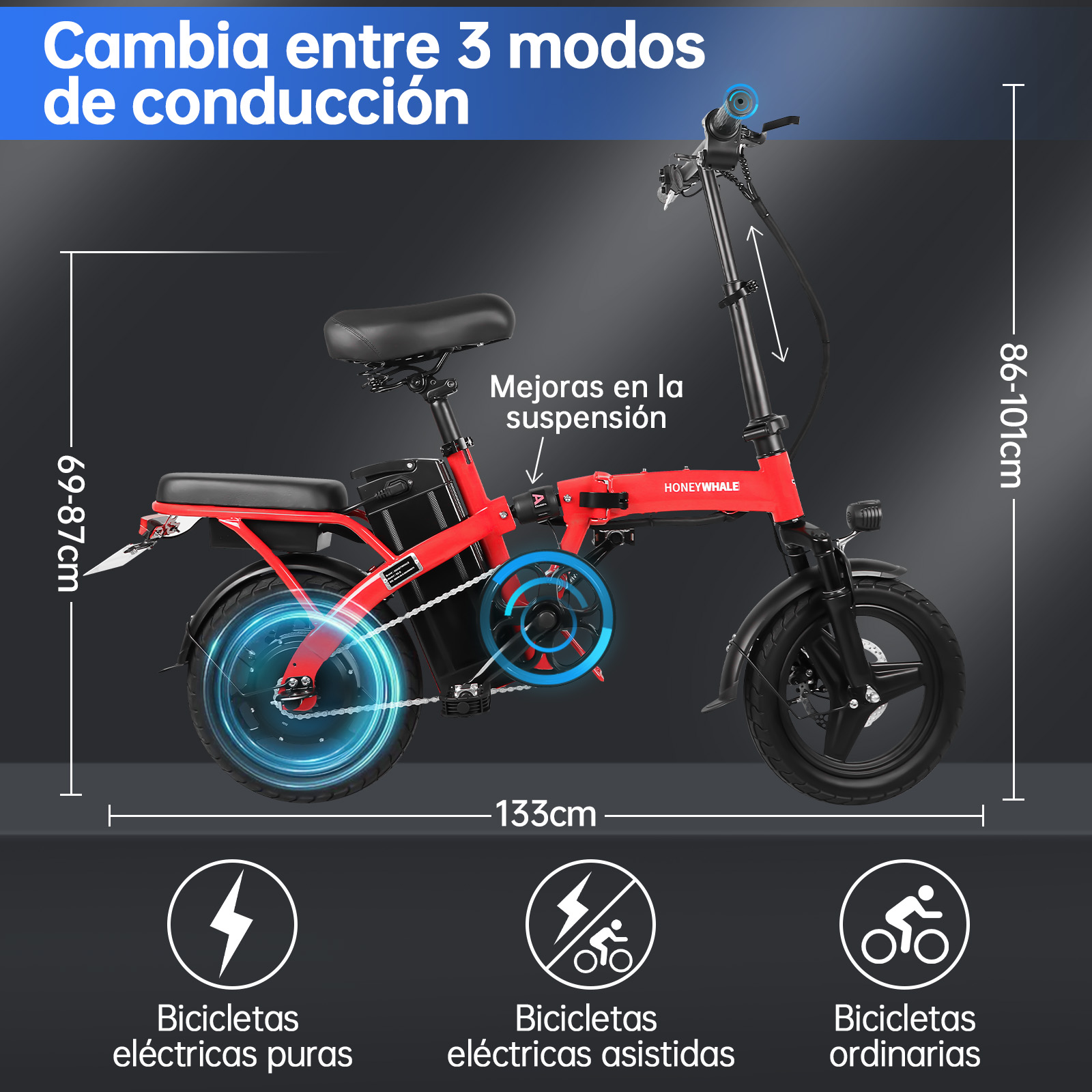 Foto 3 pulgar | Bicicleta Eléctrica Plegable Honey Whale S6 Roja