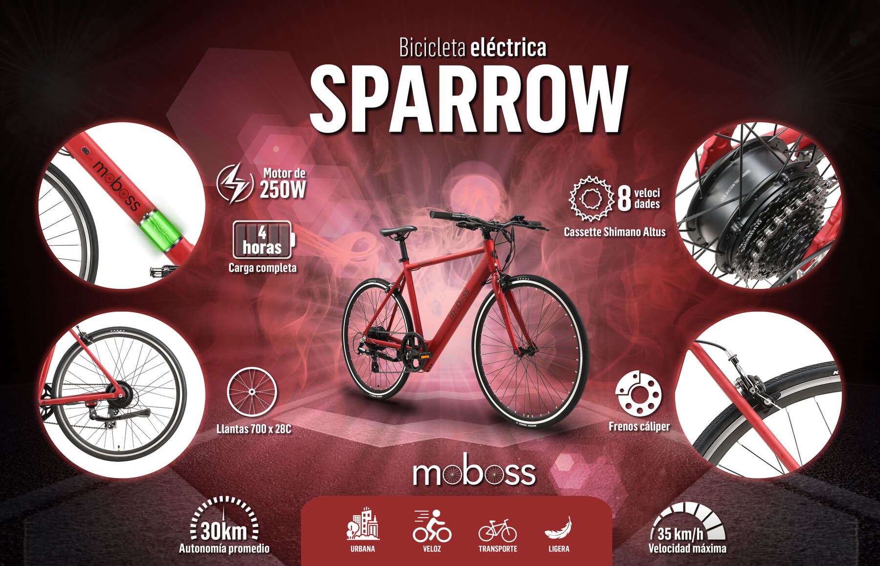 Foto 9 pulgar | Bicicleta Eléctrica Moboss Sparrow color Rojo