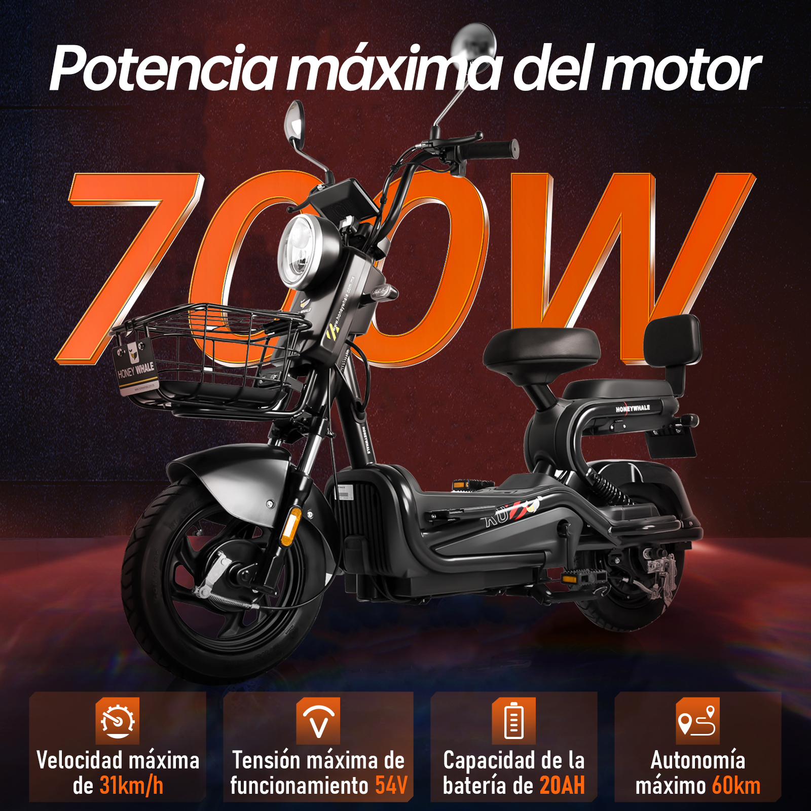 Foto 4 pulgar | Motobici Eléctrica Honey Whale Kc color Negro