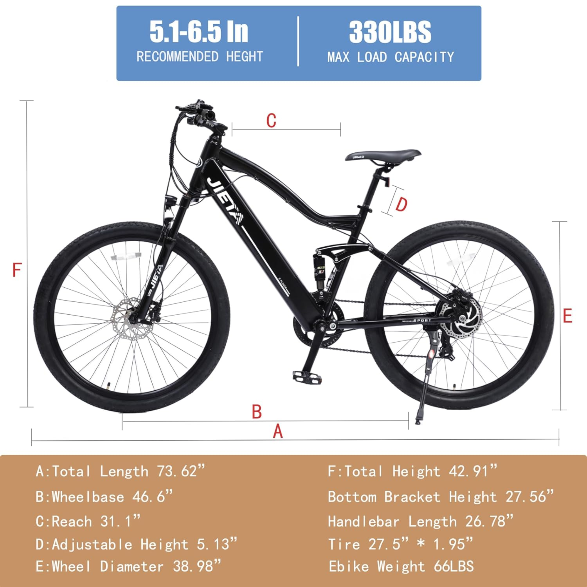 Foto 4 pulgar | Bicicleta Eléctrica Jieta 500w De 27.5 Batería Litio 48v Color Negro