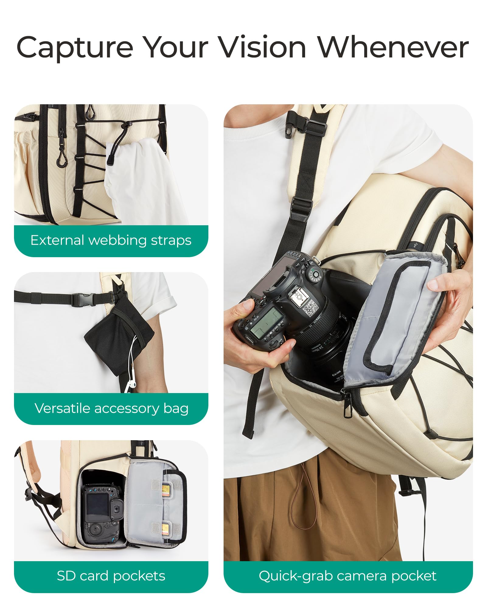 Foto 5 pulgar | Mochila Para Cámara Bagsmart Professional Dslr Beige Con Trípode - Venta Internacional.