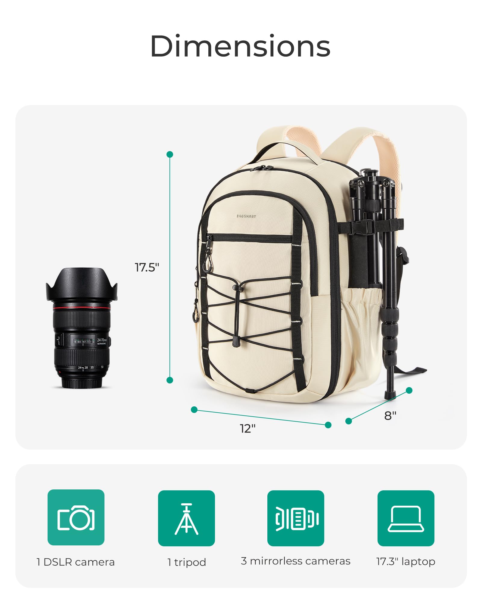 Foto 6 pulgar | Mochila Para Cámara Bagsmart Professional Dslr Beige Con Trípode - Venta Internacional.