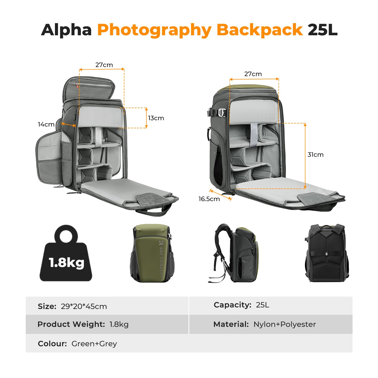 Foto 8 pulgar | Mochila para Cámara K&f Concept Impermeable De 25 Litros Con Protector De Lluvia De 15.6 Pulgadas - Venta Internacional