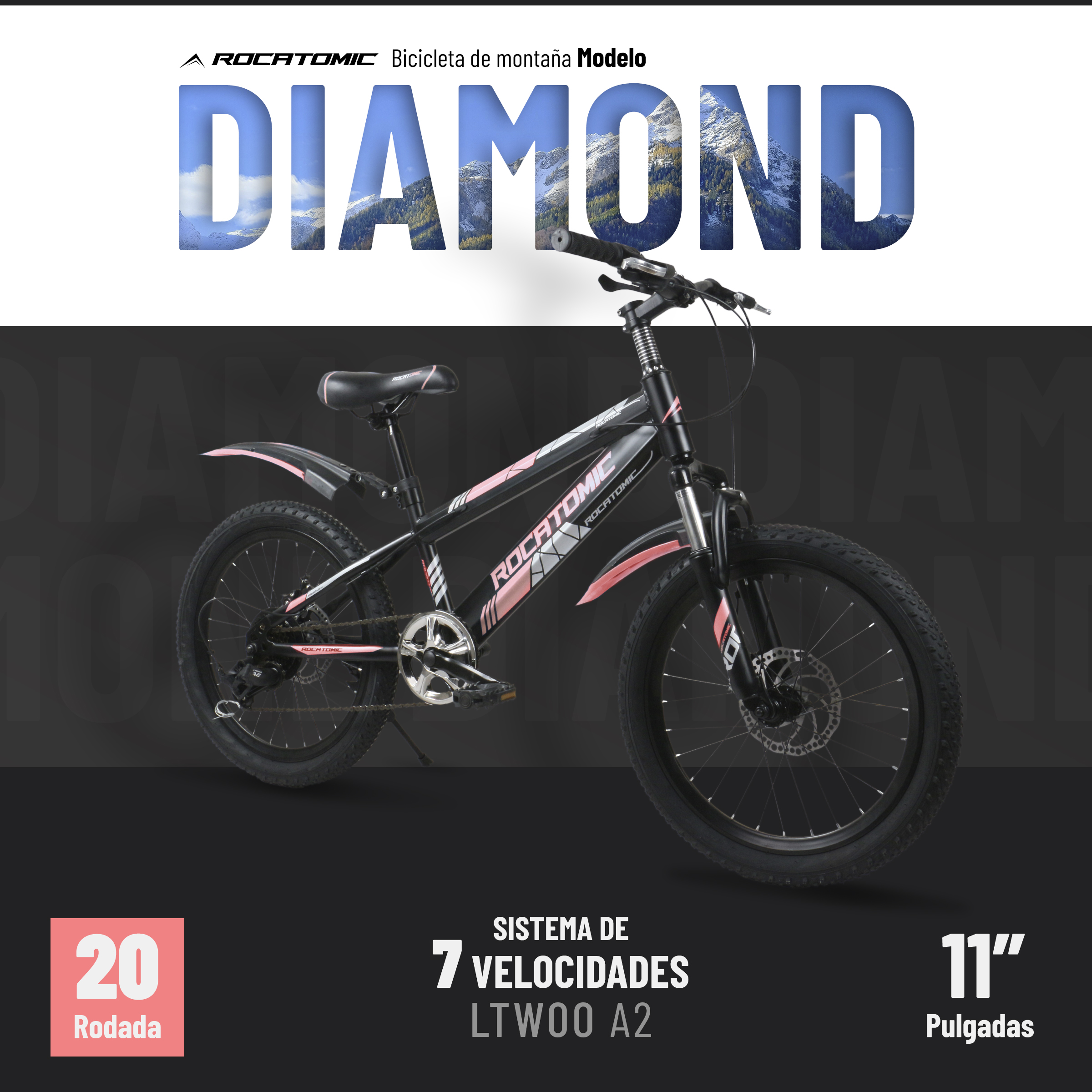 Foto 2 | Bicicleta de Montaña Infantil Rocatomic Diamond R20 7 Velocidades Rosa