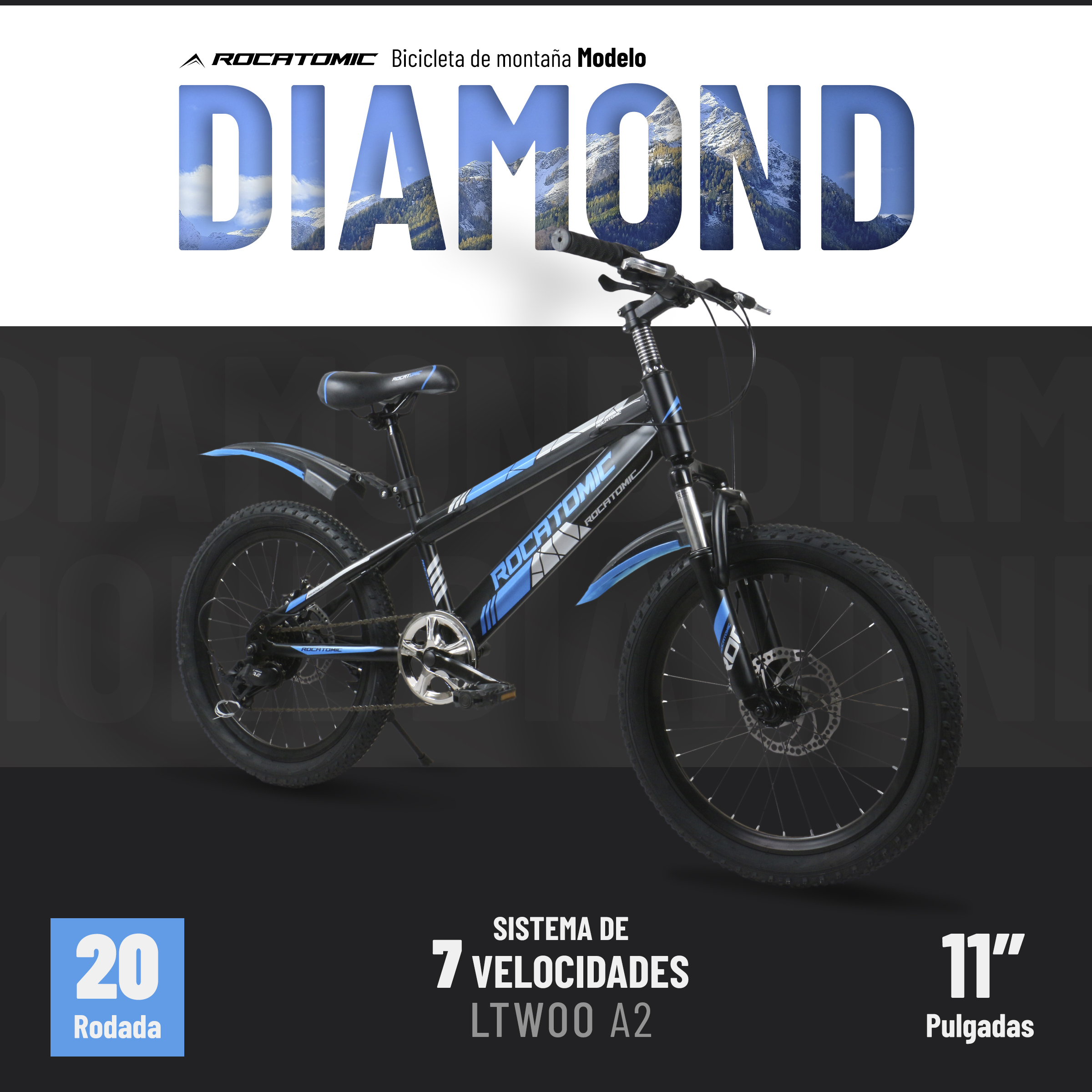 Foto 3 pulgar | Rocatomic Bicicleta De Montaña Infantil Diamond R20 7 Velocidades Color Azul