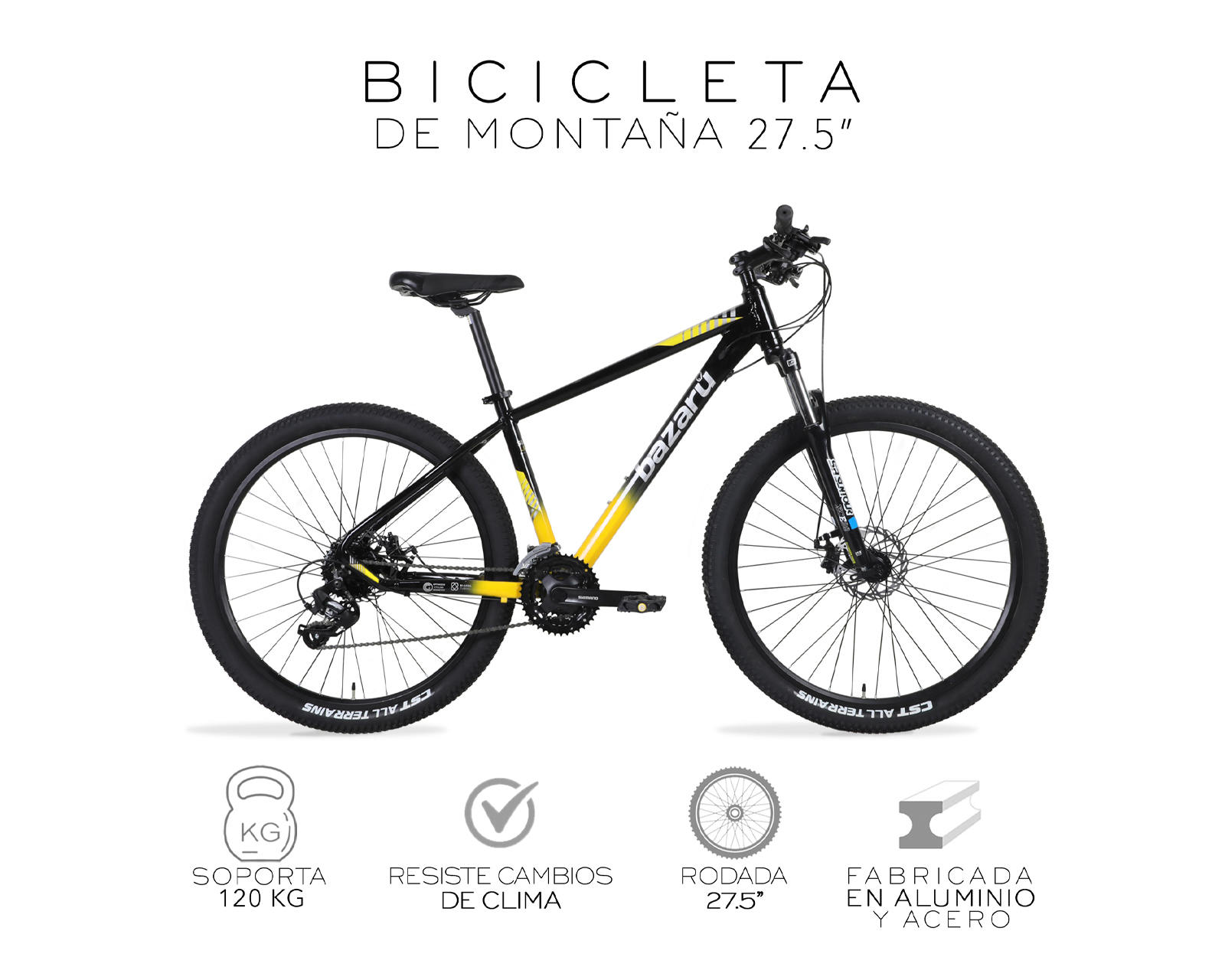 Foto 2 | Bicicleta De Montaña Rodada 27.5 Todo Terreno 24 Velocidades Cuadro De Aluminio 27.5'' Freno Kak-7 Bazaru Color Amarill