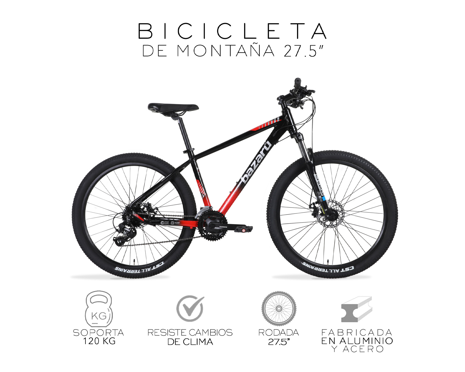 Foto 3 pulgar | Bicicleta De Montaña Rodada 27.5 Todo Terreno 24 Velocidades Cuadro De Aluminio 27.5'' Freno Kak-7 Bazaru Color Rojo