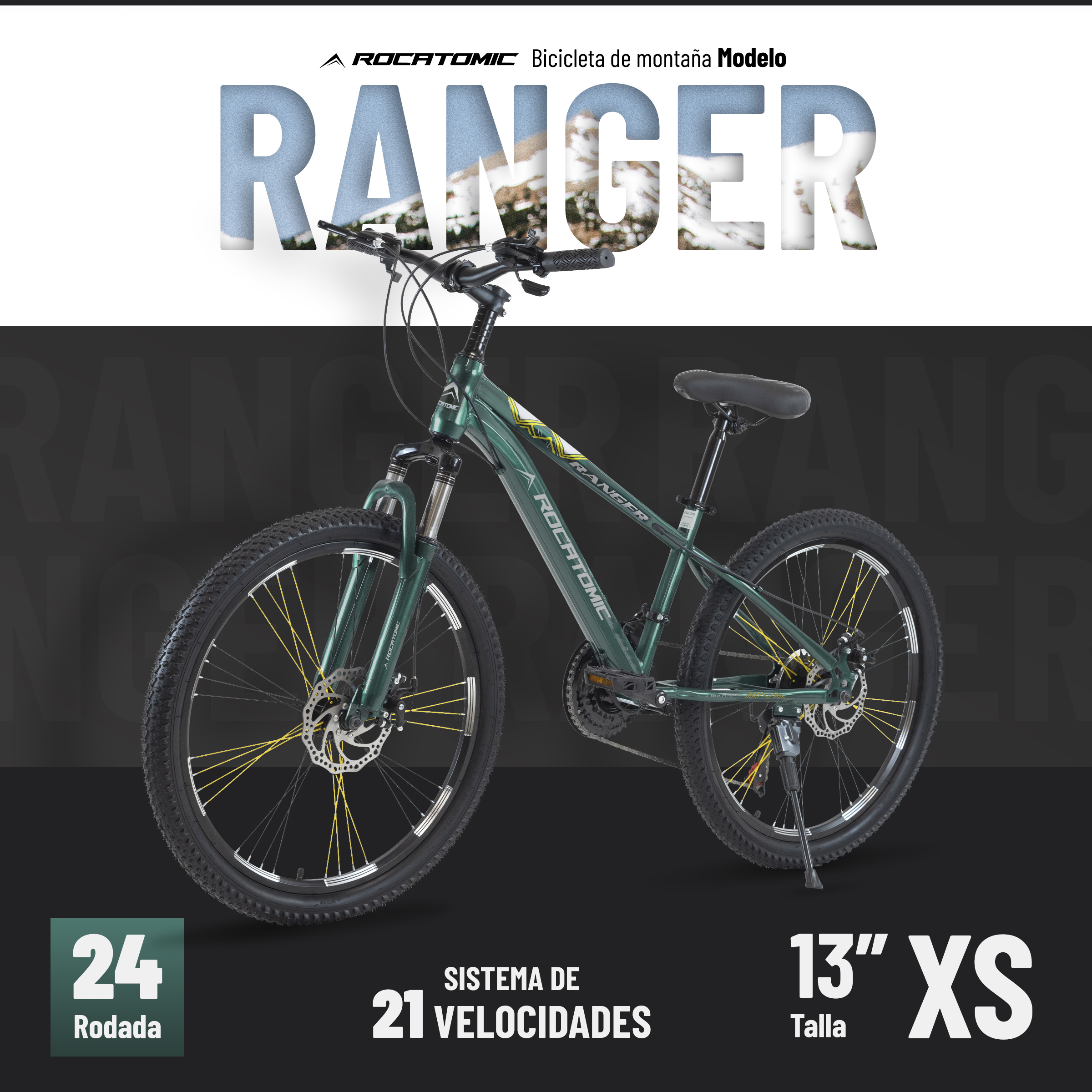 Foto 3 pulgar | Bicicleta Ranger Rocatomic Rodada 24 21 Velocidades Frenos Disco Mecánico Cuadro 13” Suspensión Delantera  Verde